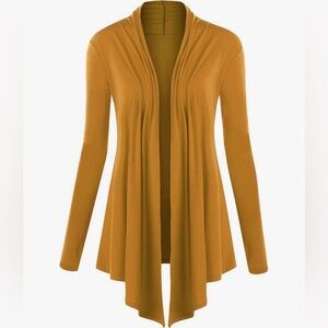 Draped Front Open Cardigan Casual Long Sleeve Lightweight Cardigan -mustard